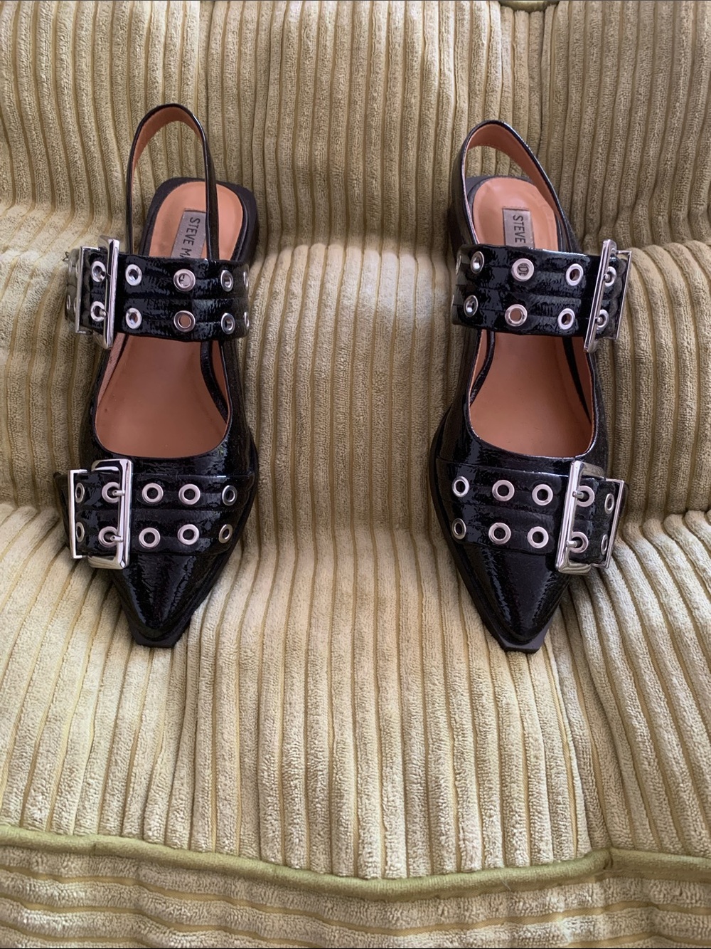 Steve Madden Black Patent Pointed Slingback Flats with Buckle Detail